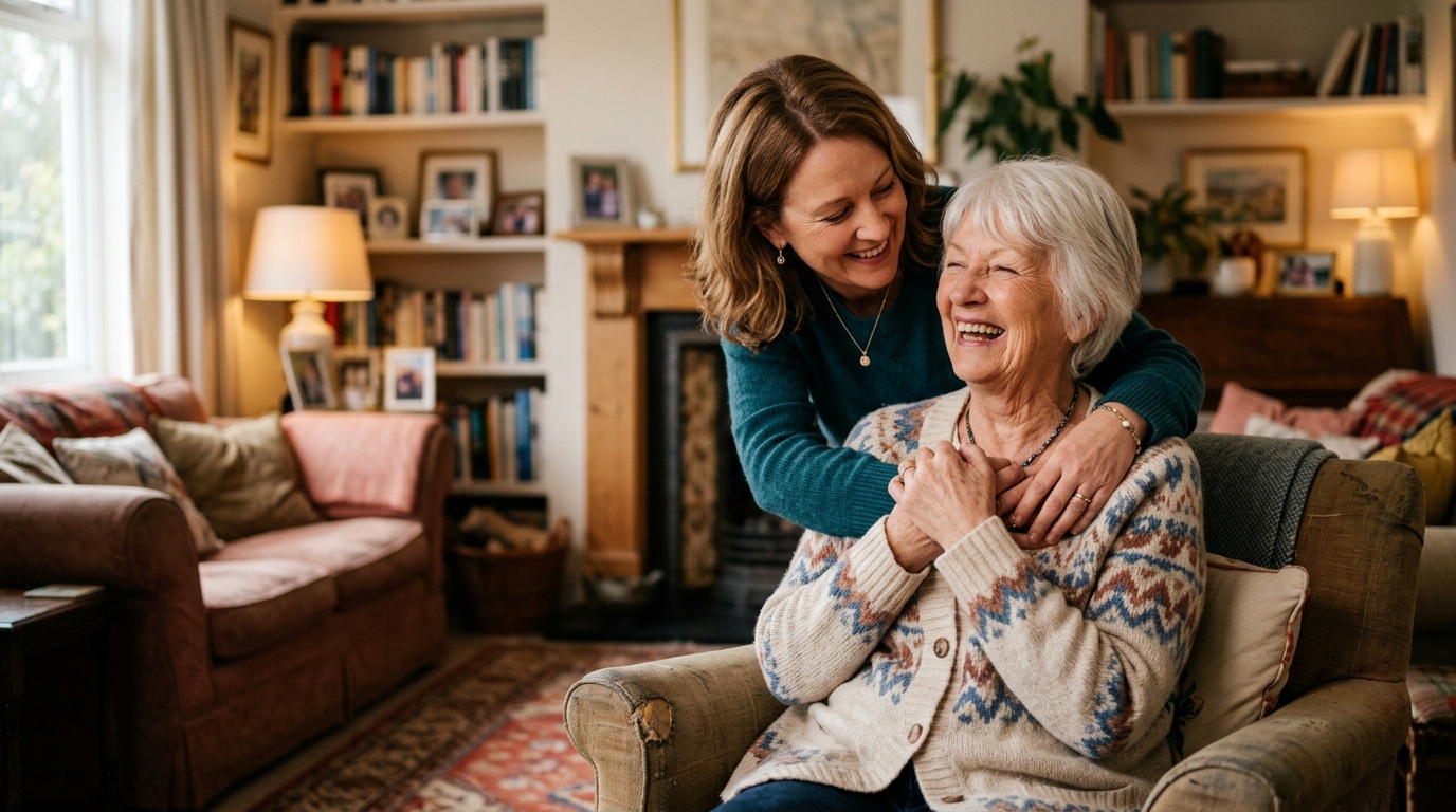 An older woman laughing warmly as her adult daughter hugs her lovingly